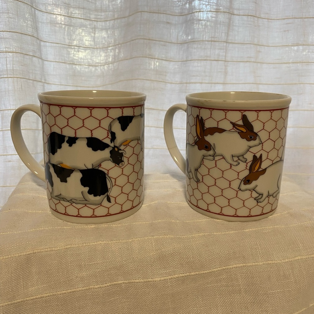 Takahashi set of 2 Rabbit  and cow Patterned Ceramic Mugs -